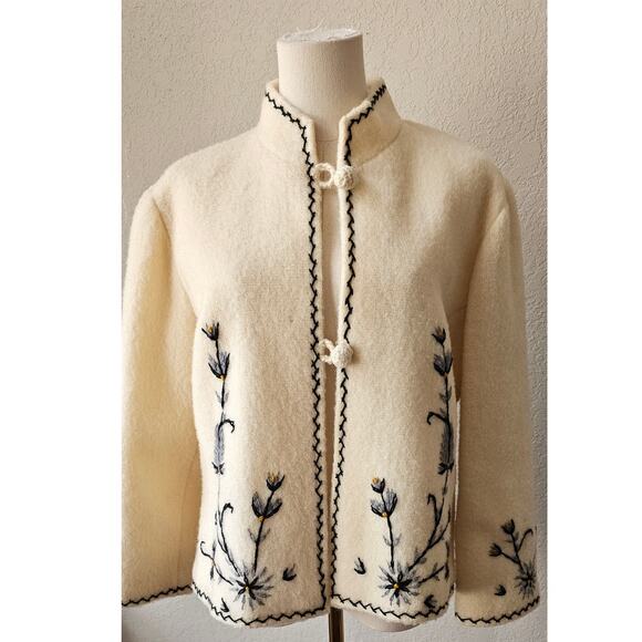 Handmade Sweaters - Handmade Greek Vintage Wool Floral Embroidered Exquisite Cardigan Sweater Small
